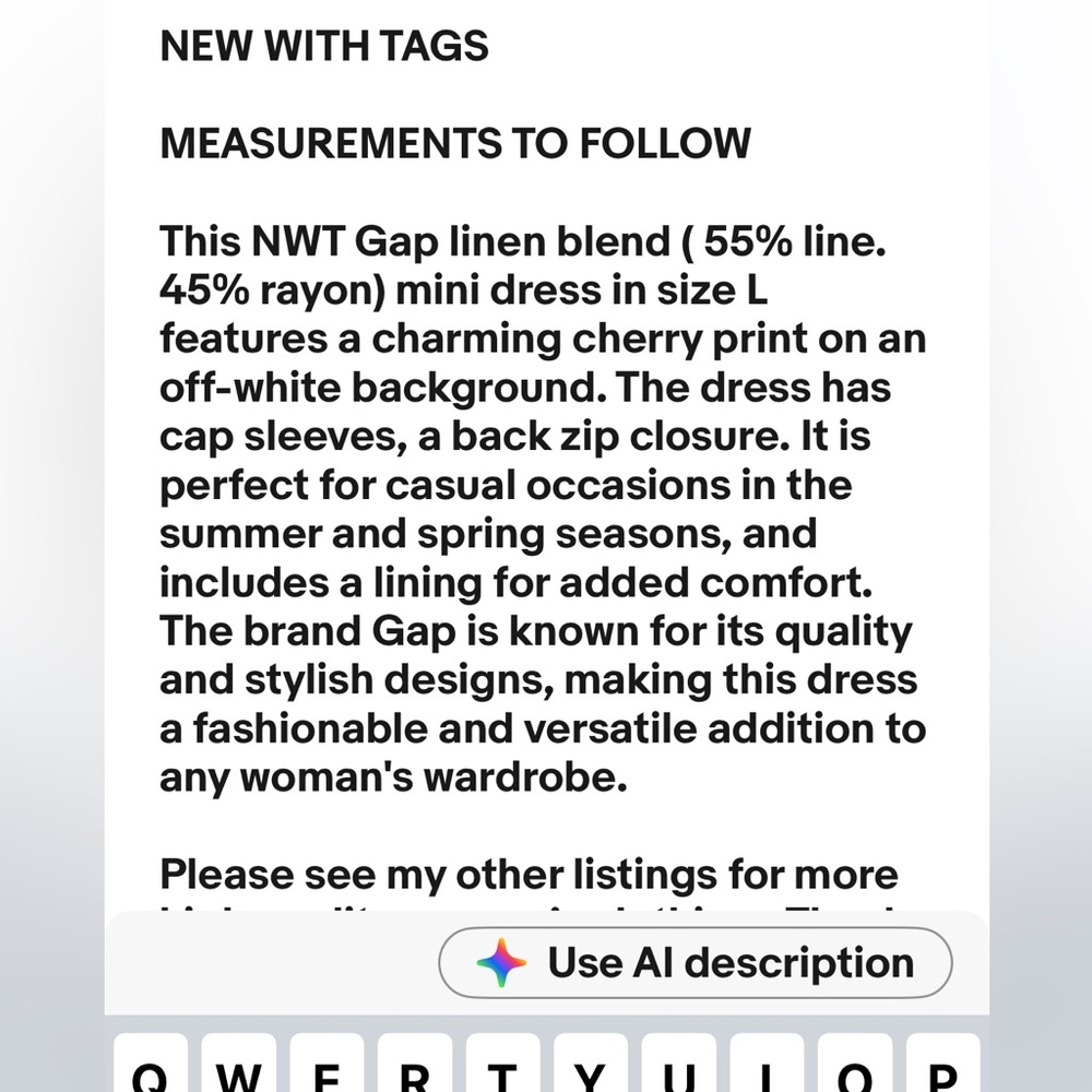 NWT GAP Linen Blwnd Cap Sleeve Mini Dress Back Zip Sz L CHERRIES off white $60 - Picture 12 of 12